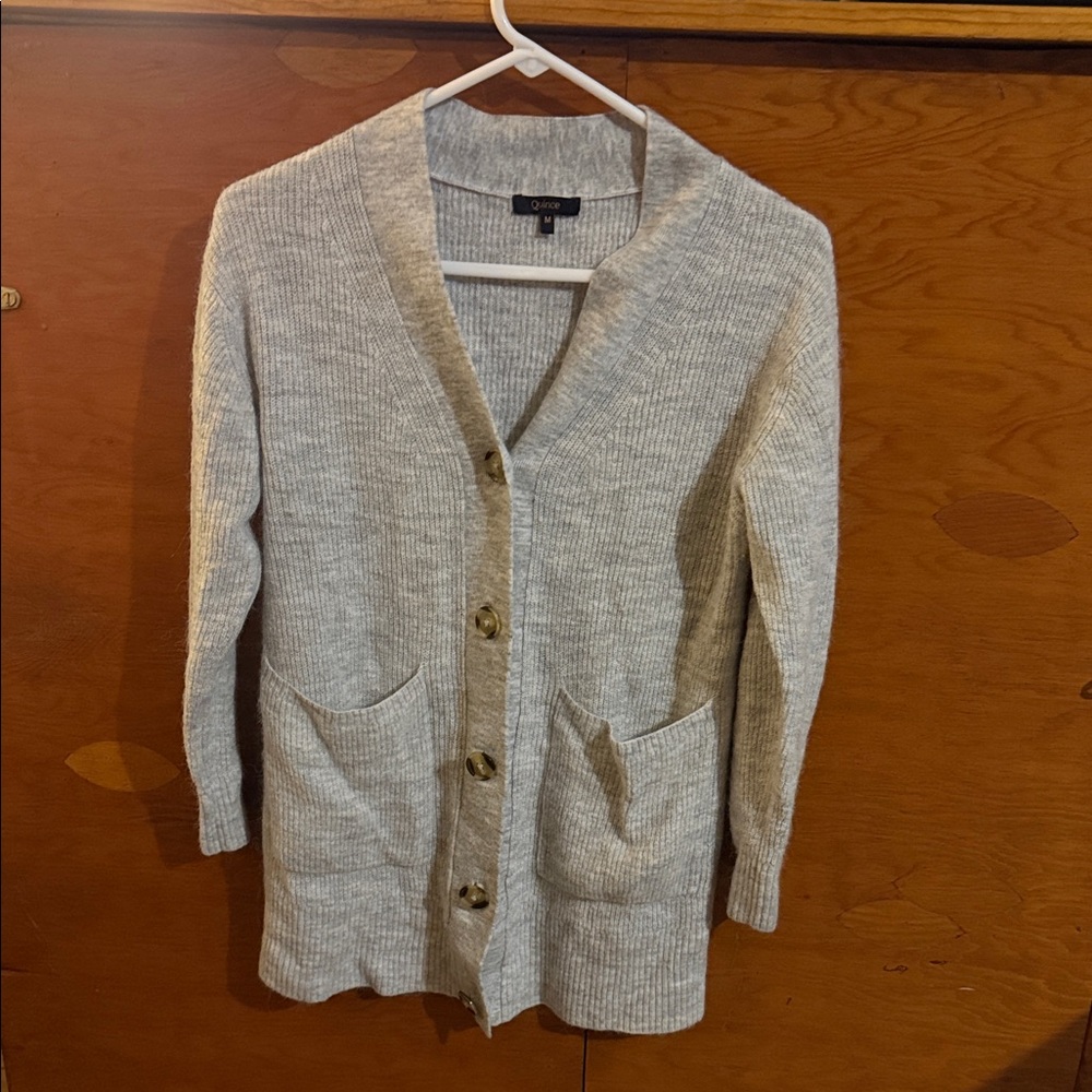 Quince Light Gray Ribbed Button-Front Cardigan